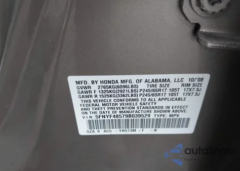 2009 Honda Pilot Ex-L из США, поврежденный, VIN 5FNYF48579B039529